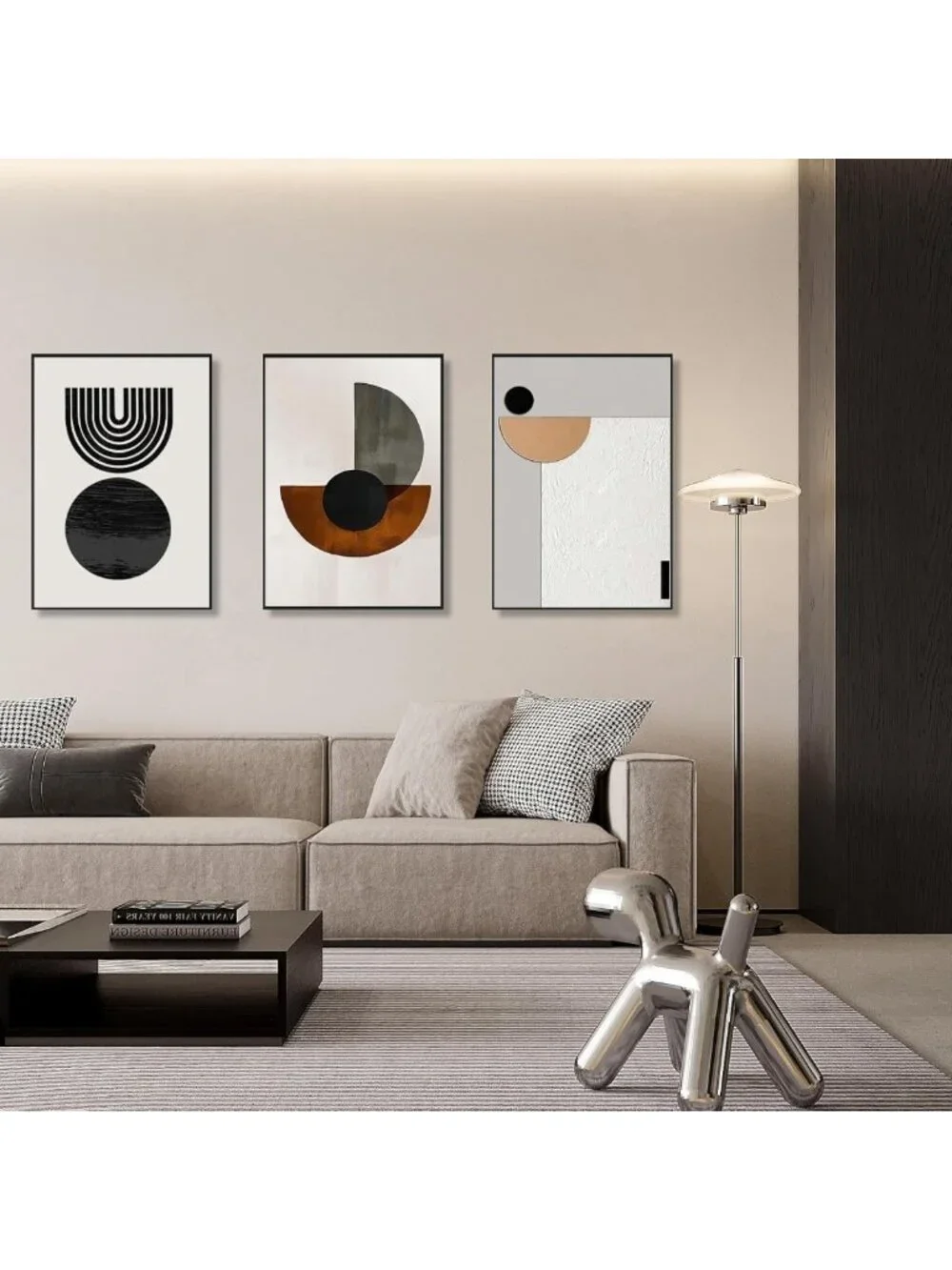 Set of 3 Geometric Arch Abstract Canvas Wall Art - Black & Brown Decor